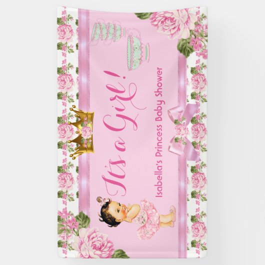 Brunette Princess Baby shower Roze Rozen Tea Party Spandoek (Verticaal)