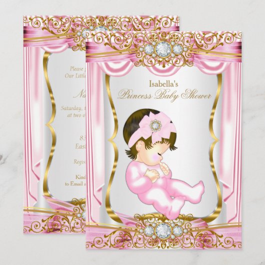  Brunette Princess Baby shower Roze zijde Kaart (Voorkant / Achterkant)