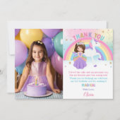 Brunette Princess Rainbow Unicorn Verjaardagsfoto Bedankkaart (Voorkant)