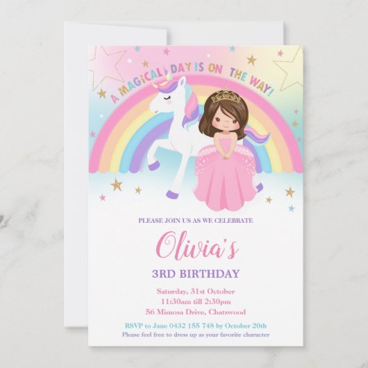 Brunette Princess Unicorn Birthday Rainbow Inv Kaart (Voorkant)