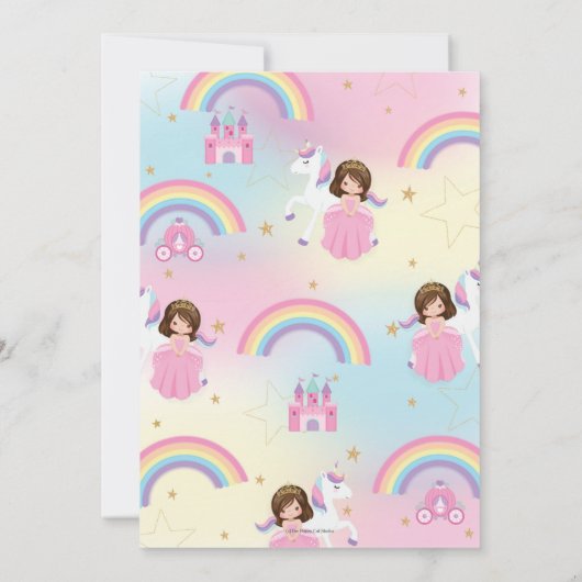 Brunette Princess Unicorn Birthday Rainbow Inv Kaart (Achterkant)