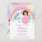 Brunette Princess Unicorn Birthday Rainbow Inv Kaart (Voorkant / Achterkant)