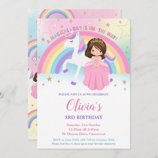 Brunette Princess Unicorn Birthday Rainbow Inv Kaart (Voorkant / Achterkant)