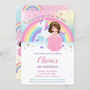 Brunette Princess Unicorn Birthday Rainbow Inv Kaart