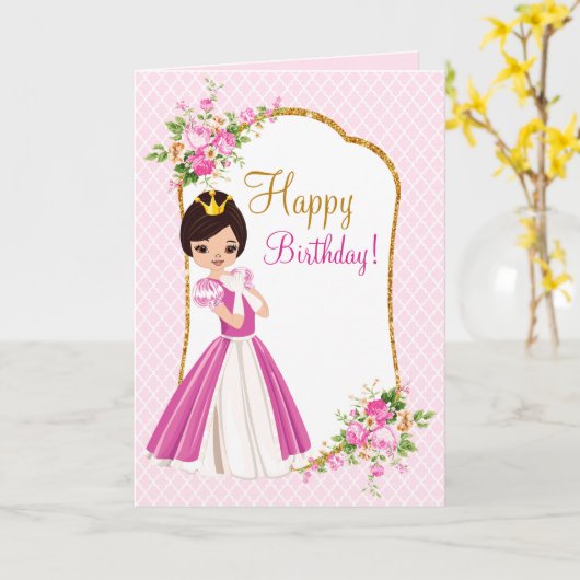  Brunette Princess Verjaardag Wenskaart Kaart (Gele Bloem)