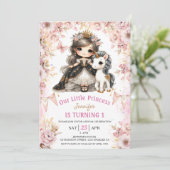 Brunette Prinses Eenhoorn 1e Verjaardag Uitnodigin Kaart (Staand voorkant)