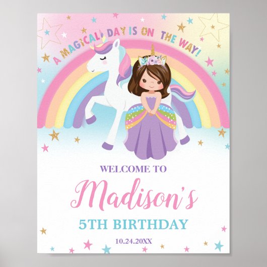 Brunette Prinses Eenhoorn Verjaardag Regenboog Wel Poster (Voorkant)