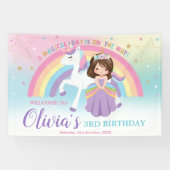 Brunette Prinses Eenhoorn Verjaardag Regenboog Wel Spandoek (Horizontaal)