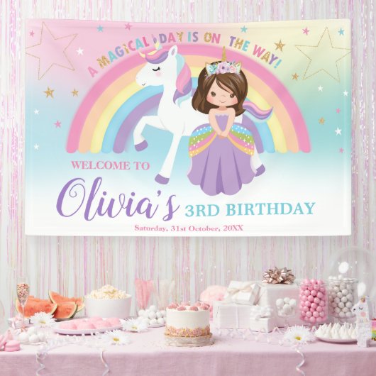 Brunette Prinses Eenhoorn Verjaardag Regenboog Wel Spandoek (Feest)