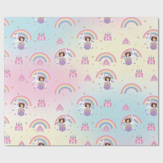Brunette Prinses en Eenhoorn Regenboog Verjaardag Cadeaupapier (Vlak)