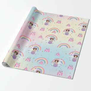 Brunette Prinses en Eenhoorn Regenboog Verjaardag Cadeaupapier