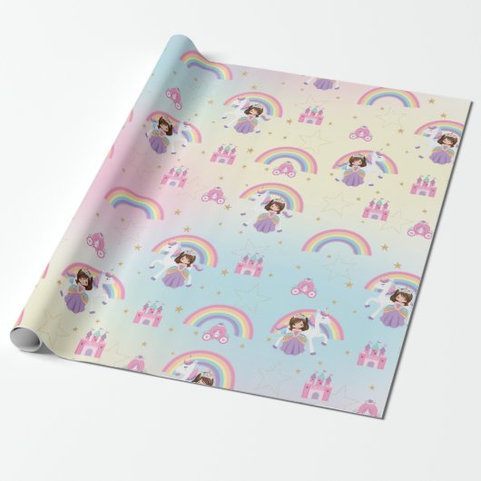 Brunette Prinses en Eenhoorn Regenboog Verjaardag Cadeaupapier (Uitgerold)