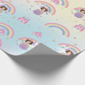 Brunette Prinses en Eenhoorn Regenboog Verjaardag Cadeaupapier (Hoek)