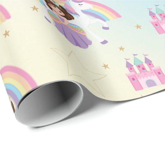 Brunette Prinses en Eenhoorn Regenboog Verjaardag Cadeaupapier (Rol Hoek)