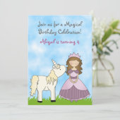 Brunette Prinses en Eenhoorn Verjaardag Uitnodigin Kaart (Staand voorkant)