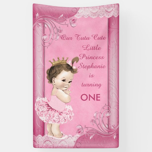 Brunette Prinses Tutu Schattige 1e Verjaardag Faux Spandoek (Verticaal)