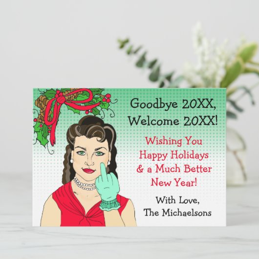 Brunette Retro Lady Flipping the Bird Kerstmis Kaart (Staand voorkant)