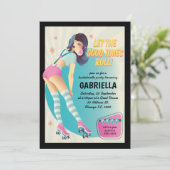 Brunette Retro Roller Skating Bachelorette Party Kaart (Staand voorkant)