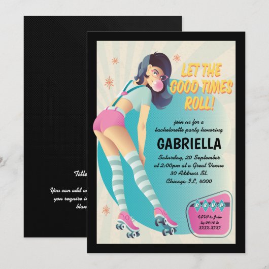 Brunette Retro Roller Skating Bachelorette Party Kaart (Voorkant / Achterkant)