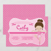 Brunette Roze Ballerina Verjaardag Uitnodiging (Voorkant / Achterkant)