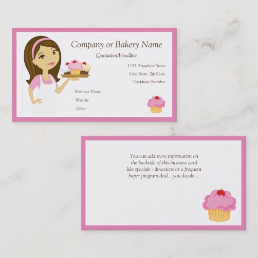Brunette/Roze Cupcake Baker/Bakkerij 2 Visitekaart Visitekaartje (Voorkant / Achterkant)