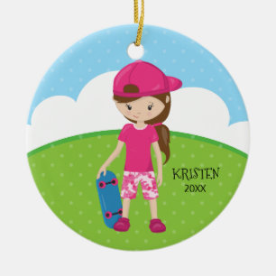 Brunette Skateboard Girl Persoonlijk kerstfeest Keramisch Ornament