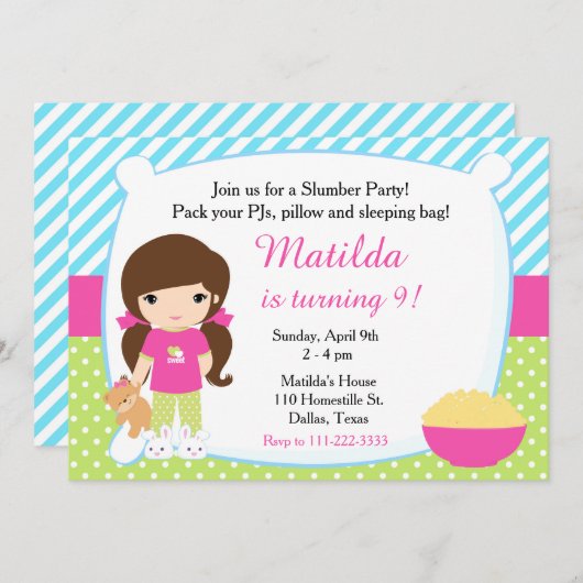 Brunette Sleepover Slumber Party Birthday Kaart (Voorkant / Achterkant)