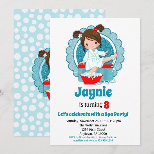 Brunette Spa Party Girls Birthday Invitation Kaart (Voorkant / Achterkant)