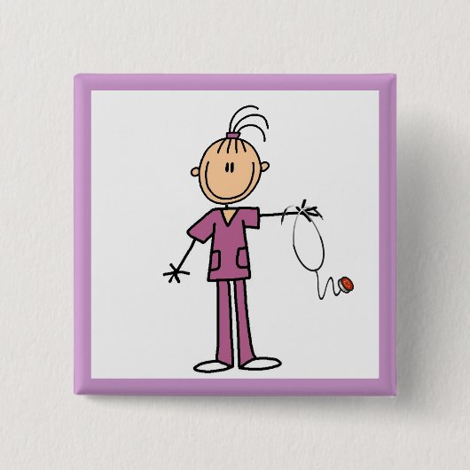 Brunette Stick Figuur Nurse Vierkante Button 5,1 Cm (Voorkant)