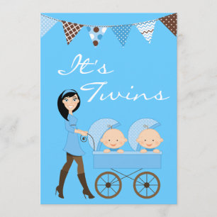 Brunette Twin Boys Baby shower Invitation Kaart