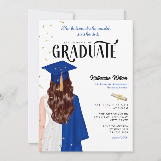 Brunette Vrouw Blauw Ze geloofde Afstuderen Kaart (Voorkant)