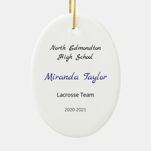 Brunette Vrouw Lacrosse Player in blauw en geel Keramisch Ornament (Achterkant)