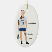 Brunette Vrouw Lacrosse Player in blauw en wit Keramisch Ornament (Rechts)