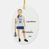 Brunette Vrouw Lacrosse Player in blauw en wit Keramisch Ornament (Voorkant)