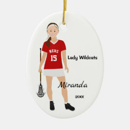 Brunette Vrouw Lacrosse Player in rood en wit Keramisch Ornament