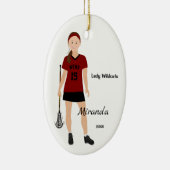 Brunette Vrouw Lacrosse Player in rood en zwart Keramisch Ornament (Rechts)