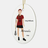 Brunette Vrouw Lacrosse Player in rood en zwart Keramisch Ornament (Links)