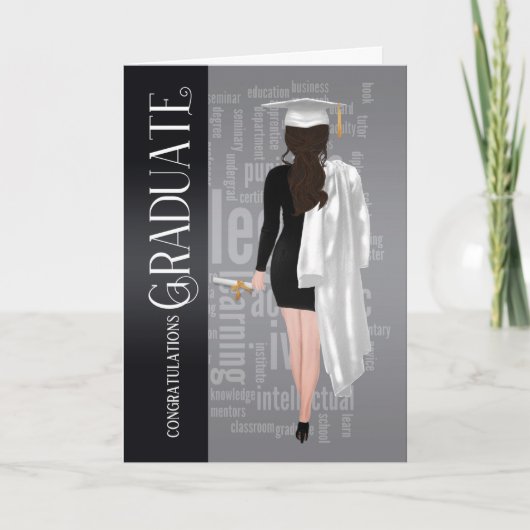 Brunette White Pet and Gown Vrouw Afstuderen Kaart (Voorkant)