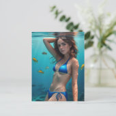 Brunette Woman Blue Bikini Underwater Foto Briefkaart (Staand voorkant)