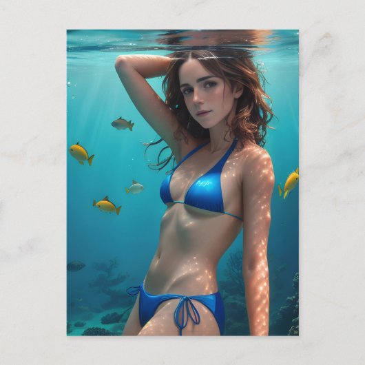 Brunette Woman Blue Bikini Underwater Foto Briefkaart (Voorkant)