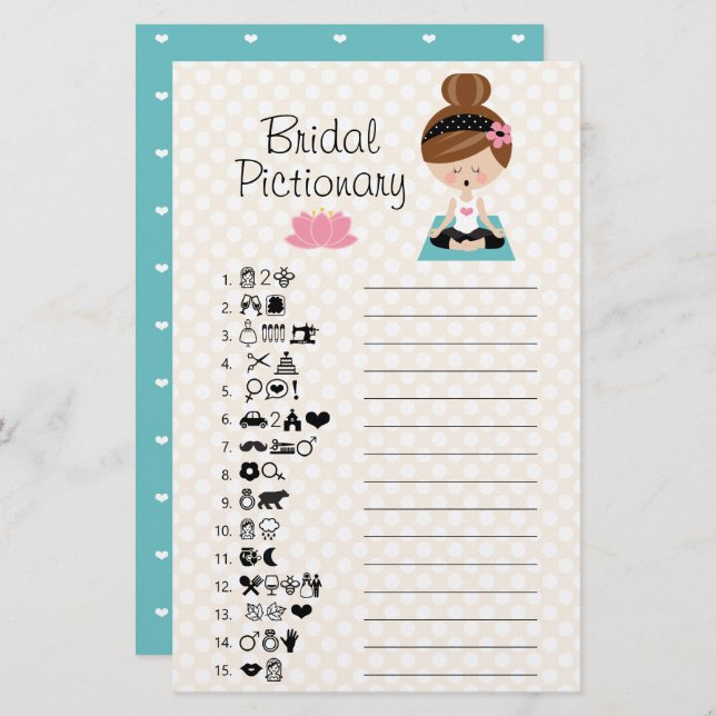 Brunette Yoga Vrijgezellenfeest Pictionary Game (Voorkant / Achterkant)