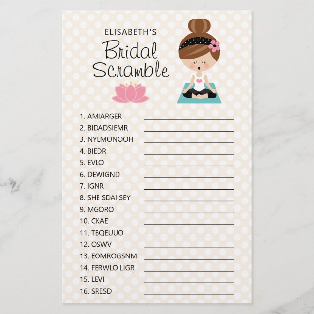 Brunette Yoga Vrijgezellenfeest Scramble Game (Voorkant)