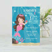 Brunette Zeemeermin 1E Verjaardag Uitnodiging (Staand voorkant)