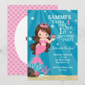Brunette Zeemeermin 1E Verjaardag Uitnodiging (Voorkant / Achterkant)