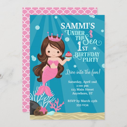 Brunette Zeemeermin 1E Verjaardag Uitnodiging (Voorkant / Achterkant)