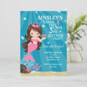 Brunette Zeemeermin 3e Verjaardag Uitnodiging (Staand voorkant)