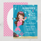 Brunette Zeemeermin 4E Verjaardag Uitnodiging (Voorkant / Achterkant)