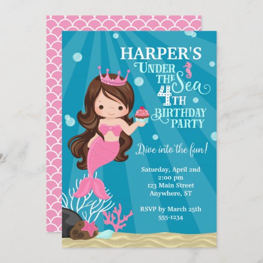 Brunette Zeemeermin 4E Verjaardag Uitnodiging (Voorkant / Achterkant)