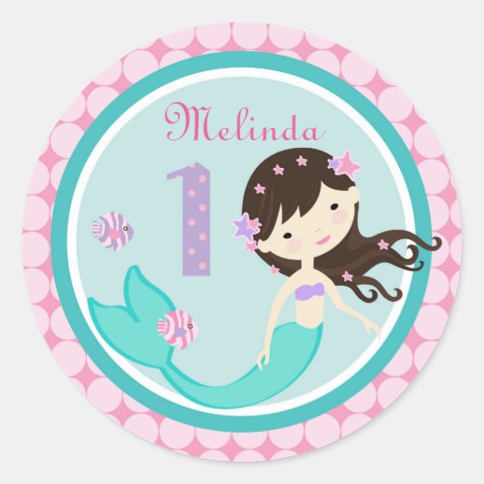 Brunette Zeemeermin Leeftijd Een Verjaardag Sticke Ronde Sticker (Voorkant)