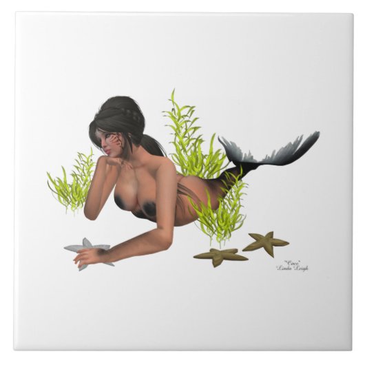 Brunette Zeemeermin Met Zeester Keramische Tegel Tegeltje (Voorkant)